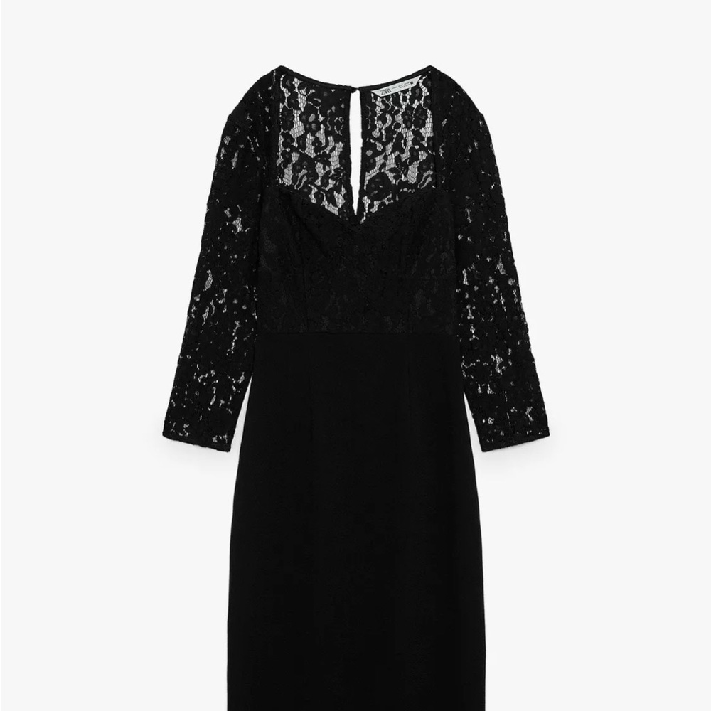 Zara Black Long Sleeve fitted midi combination lace dress
